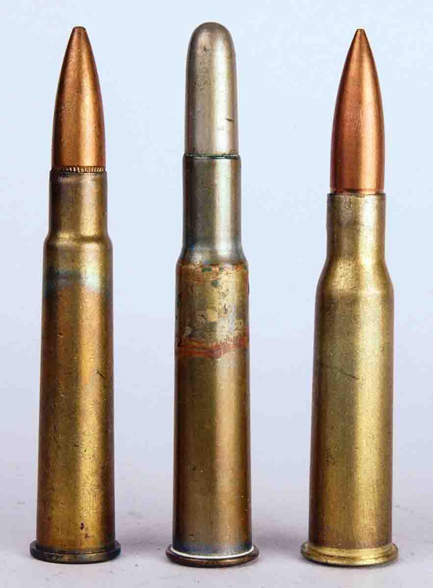 This photo shows the American 30 Army (30-40 Krag) center with two contemporary rounds: a 303 British (left) and a Russian 7.62x54mm (right). All date from the 1880s/1890s.